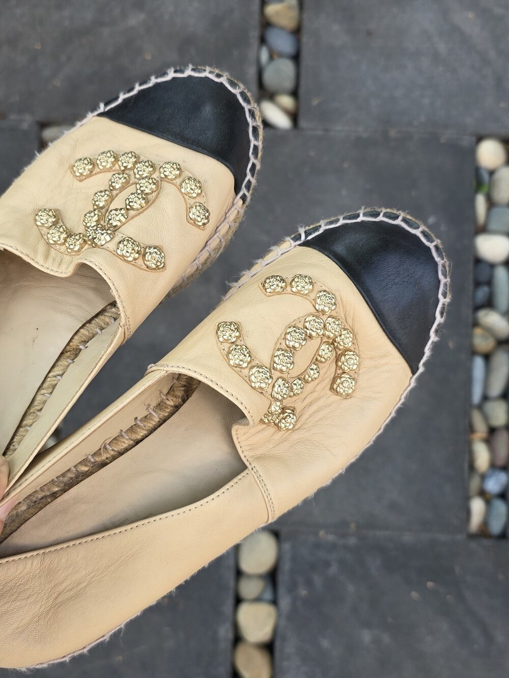 CHANEL Lambskin CC Camellia Stud Espadrilles